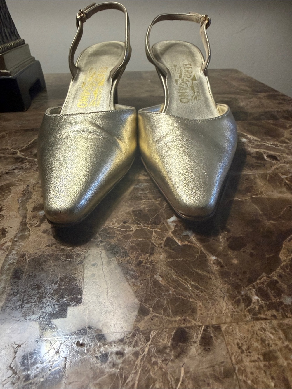 Salvatore Ferragamo Metallic Gold Pointed-Toe Slingback Heels - Picture 3 of 10